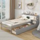 Twin size gray bed frame with LED light, bookcase headboard, and two spacious storage drawers for kids' room.