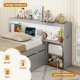 Twin size bed frame with gray storage headboard, built-in nightstand, and LED light for books and toys.