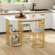 Rectangular dining table for 2 with gold metal frame, faux marble top, and 2-tier storage shelf for small spaces.