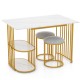 Rectangular dining table with faux marble surface and gold metal frame, includes two upholstered stools and 2-tier.