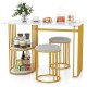 Rectangular dining table for 2 with faux marble surface and gold metal frame, featuring 2-tier storage shelf for small.