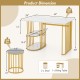 Rectangular dining table with faux marble surface and gold metal frame, featuring 2-tier storage shelf for small spaces.