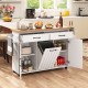 Mobile kitchen island table in white with trash bag storage, adjustable shelves, and 360° wheels for easy movement.
