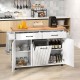 Mobile kitchen island table in white with adjustable shelves, trash bag storage, and a spacious prep area for dining.