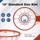 18" basketball rim with powder-coated metal tube and all-weather net, perfect for indoor and outdoor play.