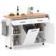 Mobile kitchen island table in white with a spacious top, adjustable shelves, and trash bag storage for dining.