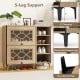 Close-up of rustic shoe cabinet's sturdy metal legs and non-slip foot pads, ensuring stability and floor protection.