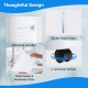 Visible water level and recessed handles on the white dehumidifier with 4 universal wheels for easy mobility.