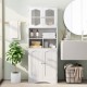 Freestanding white linen storage cabinet with frost glass doors, featuring 2 cabinets and 3 open compartments for.