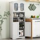 Freestanding white linen storage cabinet with magnetic catches and floor protective pads, perfect for kitchen or.