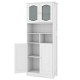 Freestanding white linen bathroom storage cabinet with frost glass doors, featuring 2 cabinets and 3 open compartments.