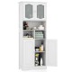 Freestanding bathroom storage cabinet with open compartments and elegant frost glass doors, ideal for versatile.