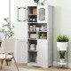 Freestanding white linen storage cabinet with frost glass doors, featuring adjustable shelves for versatile.