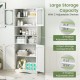 Freestanding bathroom storage cabinet with frost glass doors, featuring 2 adjustable shelves and large storage capacity.