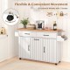Mobile kitchen island table in white with 360° wheels, drawers, and trash bag storage for convenient dining room use.