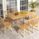 Teak wood slatted tabletop dining table with six chairs, perfect for indoor or outdoor gatherings.