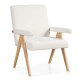 Mid Century Modern accent chair in white Sherpa fabric with rubber wood frame and padded armrests for stylish comfort.