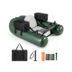 Inflatable fishing float tube in green with adjustable backrest, storage pockets, and fish ruler for angling.