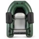 Inflatable fishing float tube in green with adjustable backrest, storage pockets, and built-in fish ruler for angling.
