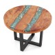 Round 24-inch teak wood end table with epoxy resin top and X-shaped mahogany legs, perfect for indoor or outdoor use.