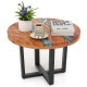 Round 24-inch teak wood end table with epoxy resin top and X-shaped mahogany legs, ideal for indoor and outdoor use.