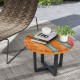 Round teak wood end table with epoxy resin top, featuring X-shaped legs, perfect for outdoor patio use.