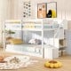 Twin over twin low bunk bed in white with storage stairs and open compartments for kids' room organization.