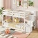 Twin over twin low bunk bed in white, showcasing the integrated storage stairs and safety guardrails for easy access.