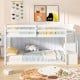 Twin over twin low bunk bed in white with storage stairs, solid wood frame, ideal for kids' rooms and organization.