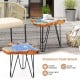 Irregular 21-inch teak wood end table with epoxy resin top and sturdy metal legs, perfect for outdoor patio use.