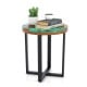 Round teak wood outdoor end table with epoxy resin top, featuring X-shaped legs for stability, perfect for patio use.