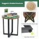 Round teak wood outdoor end table with epoxy resin top, featuring X-shaped mahogany legs and adjustable foot pads for.