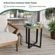 Round teak wood outdoor end table with epoxy resin top, featuring X-shaped legs, perfect for patio or poolside use.