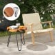 Rustic round solid teak wood live edge side table with metal legs, perfect for outdoor patio or balcony use.