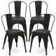 Set of 4 black metal dining chairs with removable backs and cushioned seats, perfect for kitchen or cafe use.
