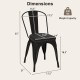 Dimensions of a black metal dining chair with removable back, cushioned seat, and stackable design for easy storage.