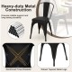 Black metal dining chair with cushioned seat, removable back, and stackable design for versatile use in dining or cafes.
