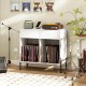 Double wide turntable stand in white with vinyl record storage, power outlets, and cable management for organized audio.