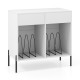 Double wide white record player stand with power outlets, featuring 2 drawers and open compartments for vinyl storage.