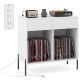 Double wide white record player stand with power outlets, storing 80 vinyl records and featuring cable management.
