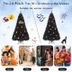 6-foot black artificial tree with PVC tips and cool white LED lights, perfect for Halloween and Christmas celebrations.