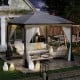 10x10 ft gray heavy-duty patio gazebo with mesh sidewalls, zippered doors, and sandbags for stability in outdoor.