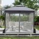 10x10 ft gray patio gazebo with mesh walls, zippered doors, and sandbags for stability, ideal for outdoor gatherings.