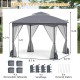 10x10 FT heavy-duty patio gazebo in gray with mesh sidewalls, sandbags, and reinforced frame for outdoor stability.