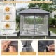 10x10 ft gray patio gazebo with mesh sidewalls, zippered doors, and sandbags for stability and ventilation.