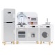 Kids kitchen playset featuring a gray refrigerator, washing machine, and stove with interactive elements for.