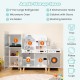 Kids kitchen playset featuring a gray refrigerator, washing machine, and ample storage for imaginative role play.