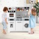 Wooden pretend play kitchen set in white with real lights and sounds, featuring stove, sink, and washing machine for.