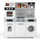 Wooden pretend play kitchen set in white with lights and sounds, featuring a sink, stove, microwave, and washing.