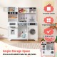 Wooden pretend play kitchen set in white with sink, stove, microwave, and ample storage for toys and accessories.